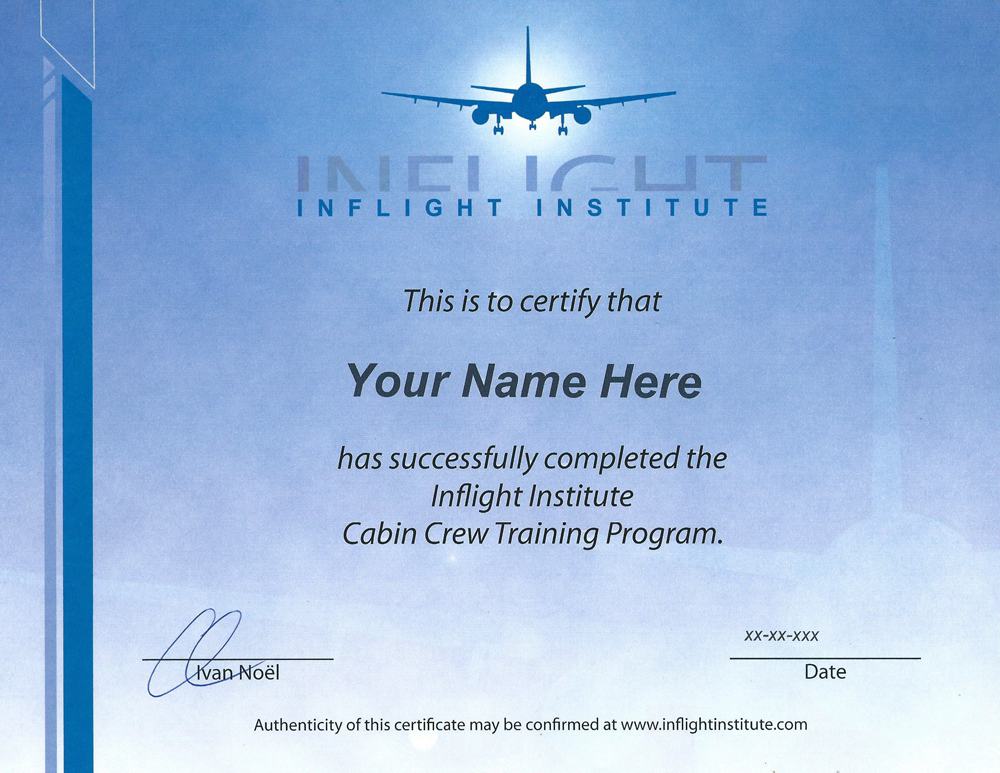 Inflight Institute flight attendant training certificate example